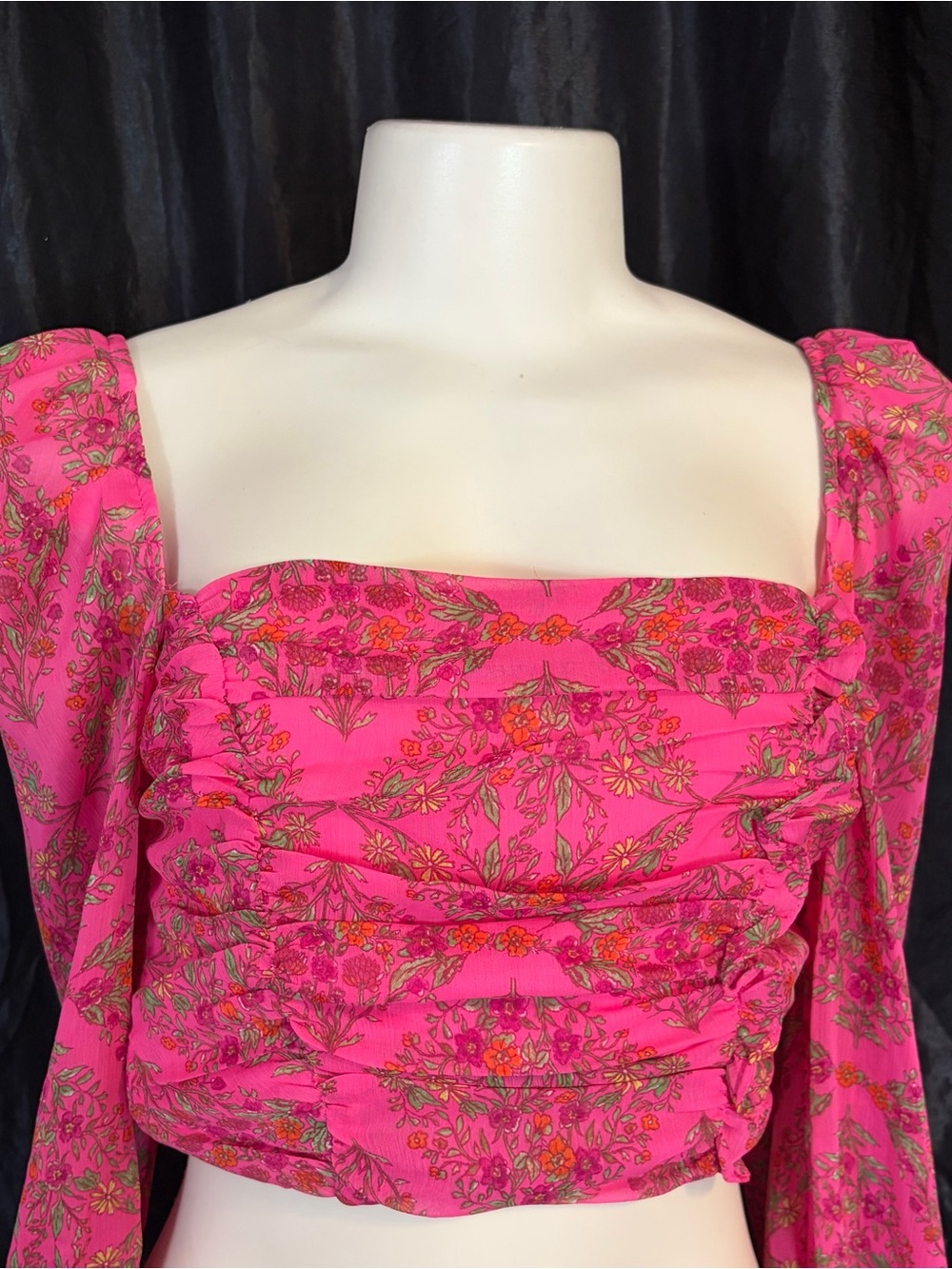Olivaceous Hot Pink Floral Square-Neck Ruched Crop Top